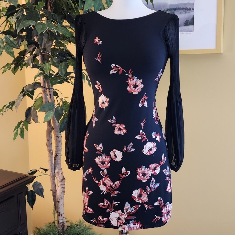 White House Black Market Navy Dress w/ Floral Print & Sheer Long Sleeves